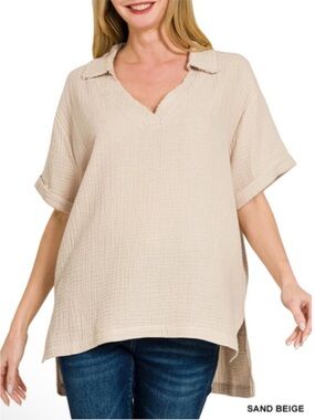 NWOT ZENANA Sand Beige V-Neck GAUZE Women’s Top SIZE XL
